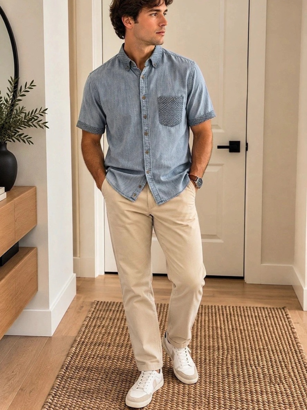 Coton On - Men's Blue Short Sleeve Button Down Shirt